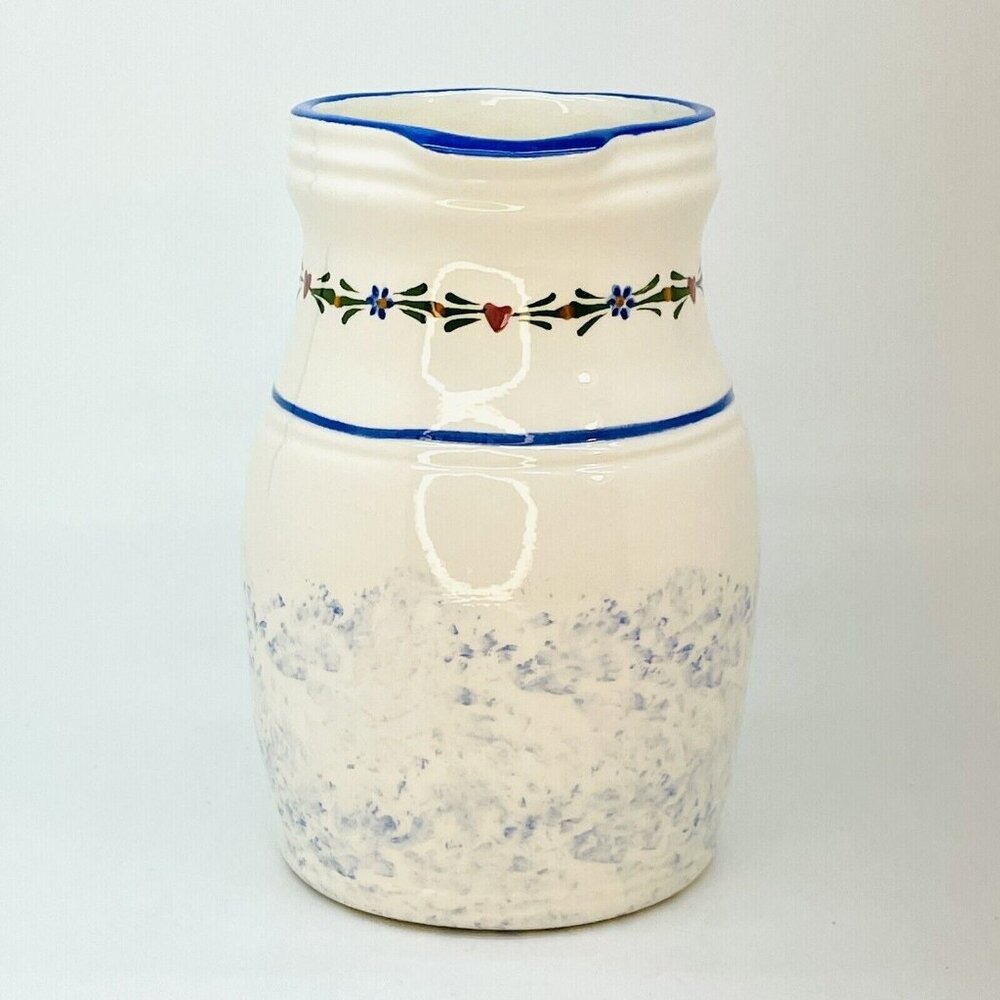 Jo-Chen Blue White Pottery Pitcher Hand Painted Blue Trim Red Hearts USA - Picture 5 of 10